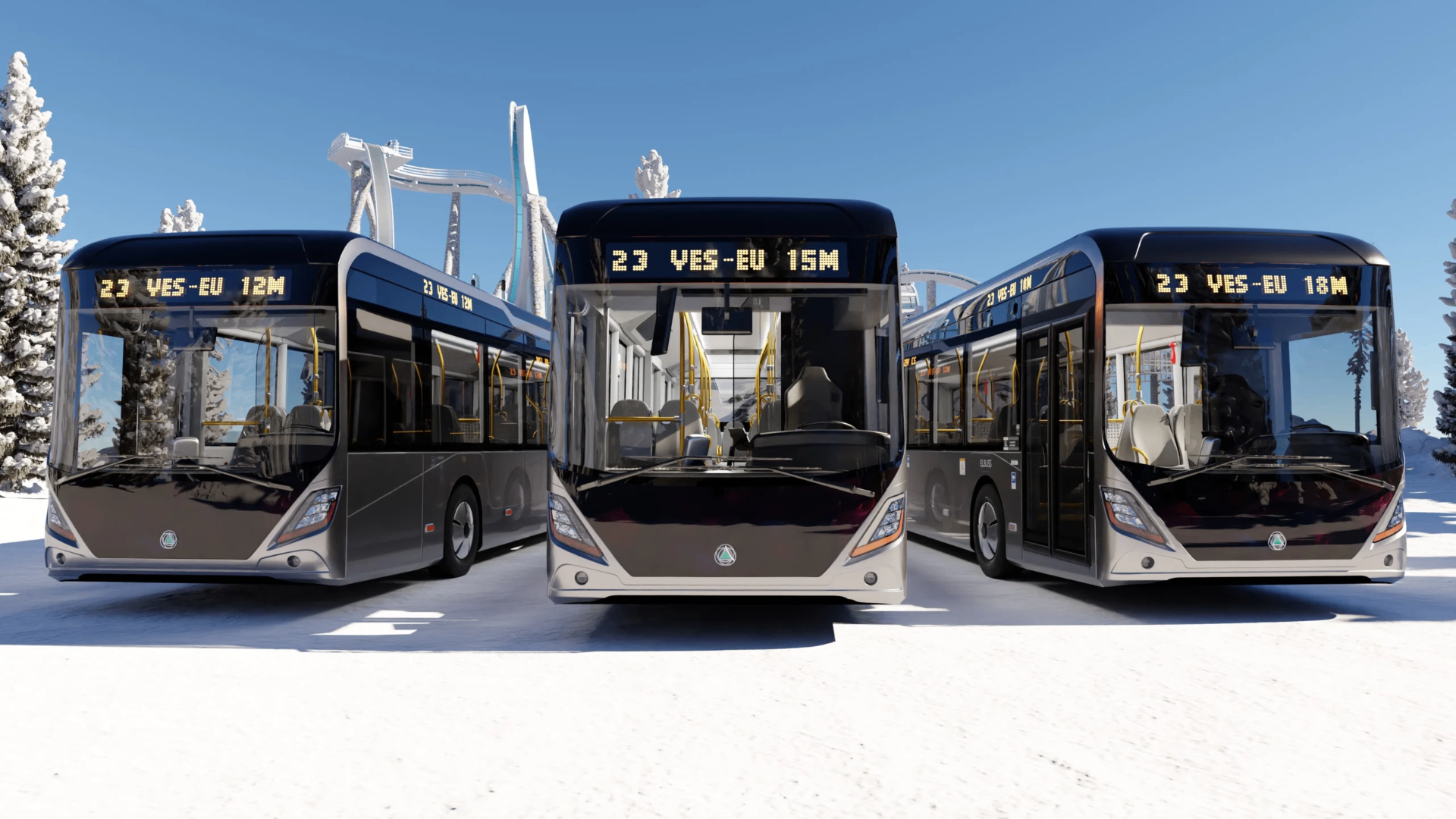 Articulated electric bus driving through a European city