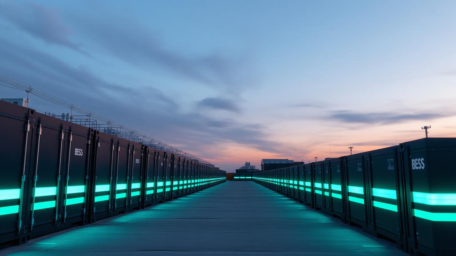 Utility-scale BESS installation by YES-EU at dusk